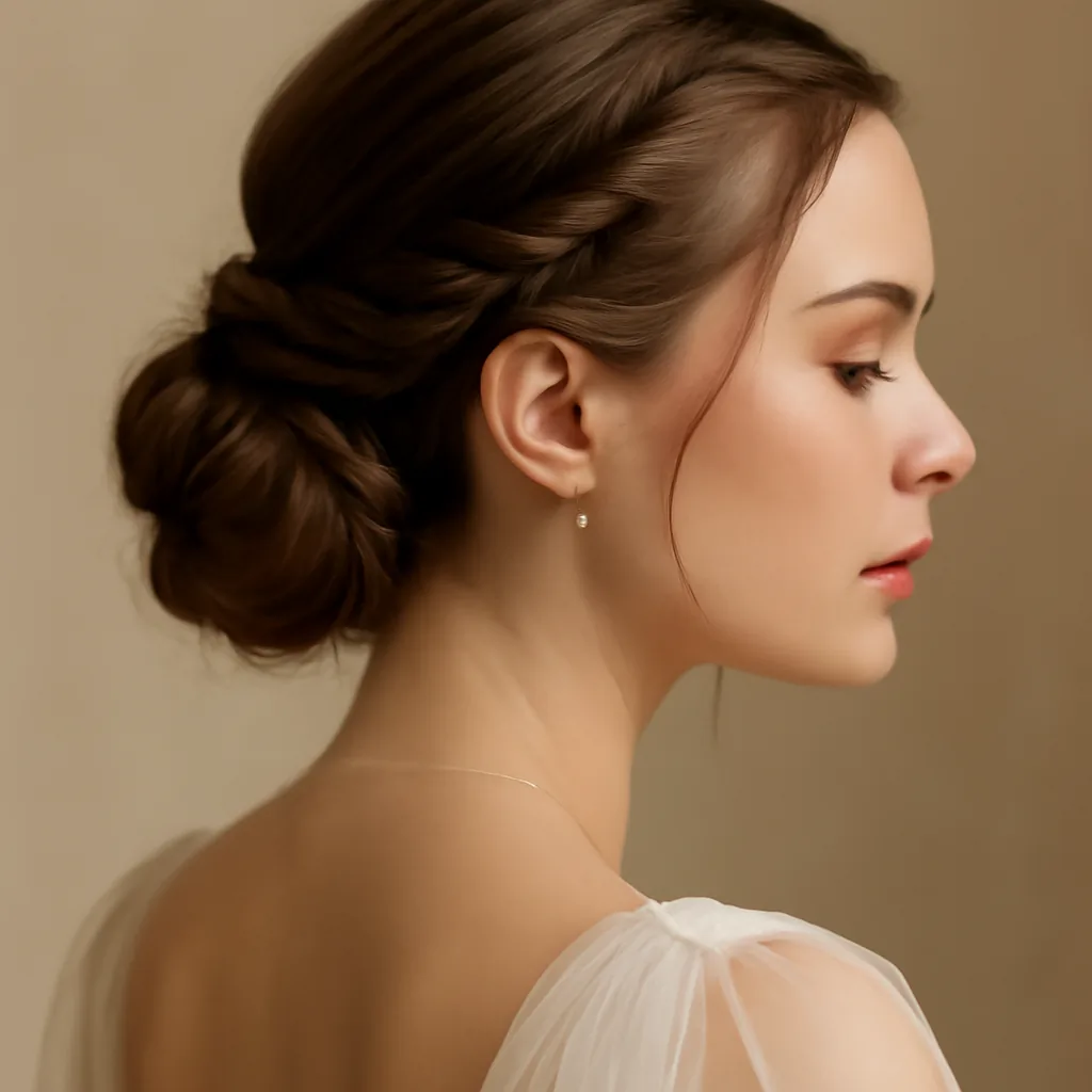 Coiffure de mariage élégante avec chignon bas et tresses fines