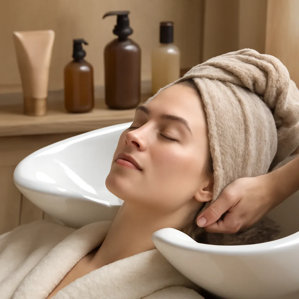 Soin capillaire relaxant au bac, ambiance spa