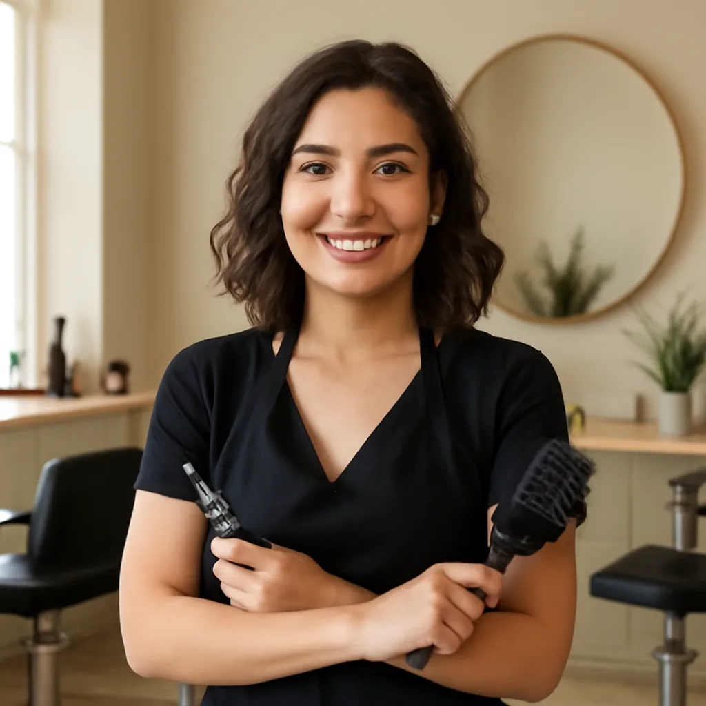 Portrait d’une coiffeuse souriante dans le salon